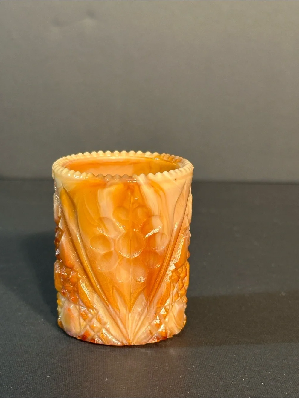 Joe St. Clair Glass Carmel Chocolate Slag Toothpick Holder Flower Button Pattern